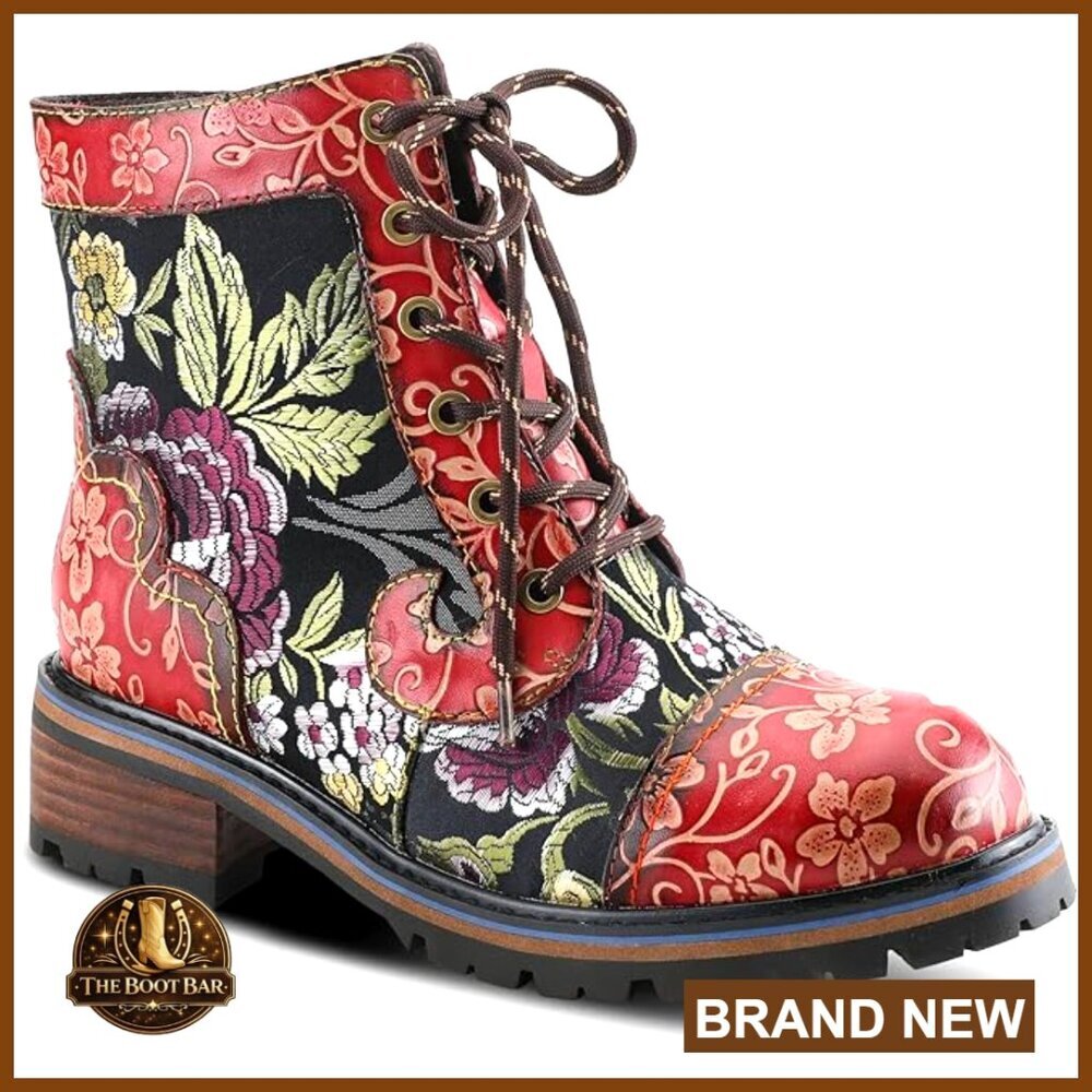 Hand-Painted Leather Ankle Booties with Faux Fur Lining, Low Heel